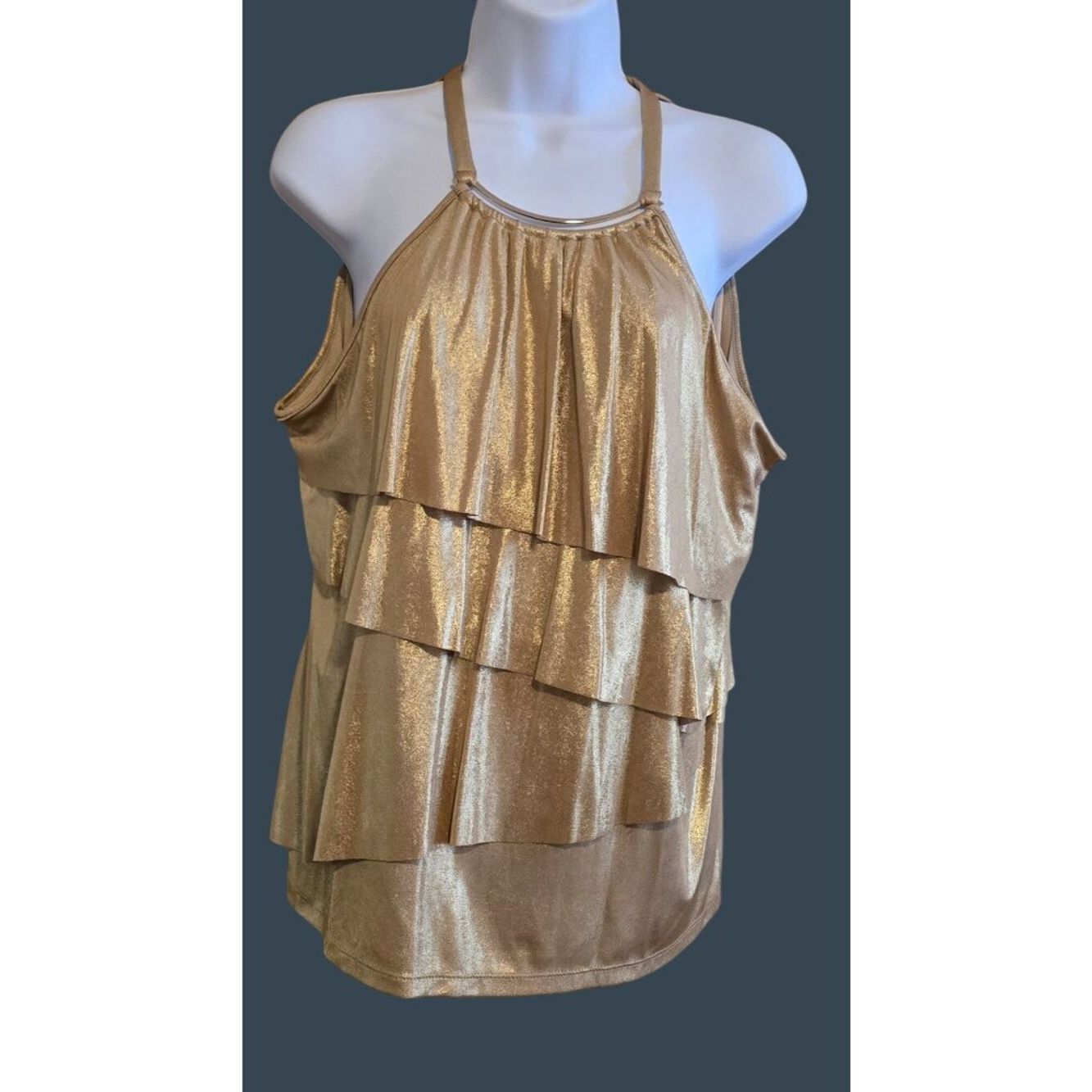 Gold Shimmer Ruffle Halter Top Tank Blouse Girls Night Date Romance Coquette
